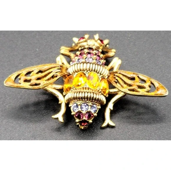 JOAN RIVERS BUMBLEBEE BROOCH PIN MULTI-COLOR CRYSTAL SIGNED RED ORANGE RED‎ EYES